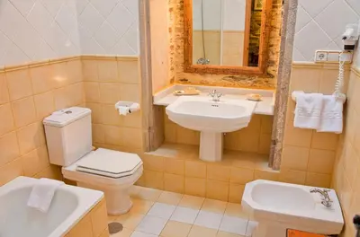 a bathroom with a toilet and a sink and a mirror at Pazo de Andeade in Andeade