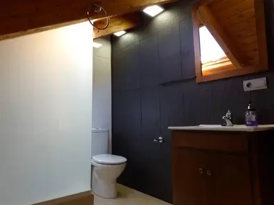 a bathroom with a toilet and a sink and a window at Casa Rural El Bierzo Oro en el Camino in Villaverde de la Abadía