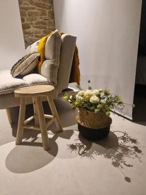a living room with a chair and a vase of flowers at A casa d'abaixo in Parada del Sil
