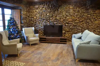 a living room with a christmas tree and a tv at Casa Sapita in Villafranca del Bierzo