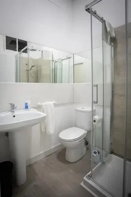a bathroom with a toilet and a sink and a shower at Riquiña Celanova in Celanova