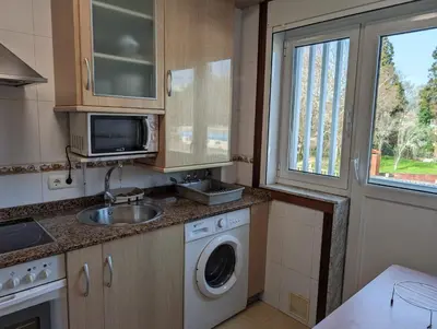a kitchen with a sink and a washing machine at Don Manuel Cuntis in Cuntis