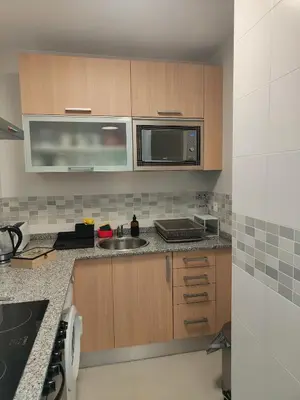 a kitchen with wooden cabinets and a sink and a microwave at Ventana al Paraíso del Oso - Somiedo. Window to Bear Paradise - Somiedo in Pola de Somiedo