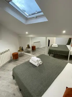 a bedroom with two beds and a skylight at Apartamentos SARABIA DARRIBA in Ourense