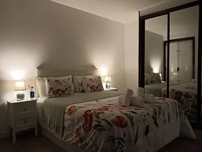 a bedroom with a large bed and a mirror at Pardiñas 36 in Santiago de Compostela