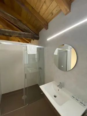 a bathroom with a shower and a sink and a mirror at dpCristal Centro Histórico in Sarria