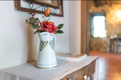 a vase with a flower in it on a table at Casa con Piscina *Ribeira Sacra* in Ferreira de Panton
