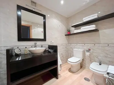 a bathroom with a sink and a toilet and a mirror at Dúplex Valle del Silencio in Ponferrada