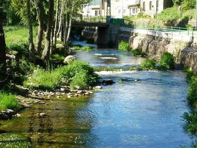 a river with a bridge in the background at La Casa de Trefacio in Trefacio