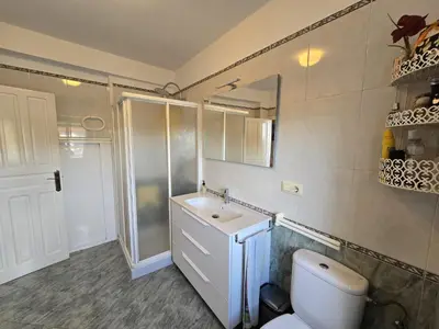 a bathroom with a toilet and a sink and a shower at CASA DAVID-con cuadras para caballos in Arzúa