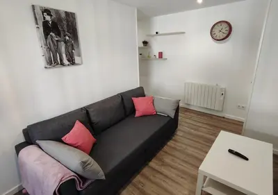 a living room with a black couch with pink pillows at Alojamiento en Santiago de Compostela-Galicia in Santiago de Compostela