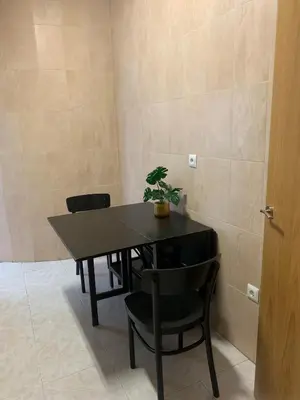 a table and chairs with a potted plant on it at Segundo Antolín Yellow Door in Ponferrada