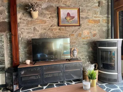 a living room with a television and a fireplace at Villaduranchi in Villablino