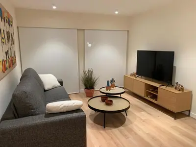 a living room with a couch and a flat screen tv at LAS TERRAZAS I Lujo frente a la plaza de Santa Eufemia in Ourense
