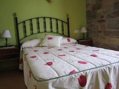 a bedroom with a large bed with pink flowers on it at Hotel Rural El Molinero de Santa Colomba de Somoza in Santa Colomba de Somoza
