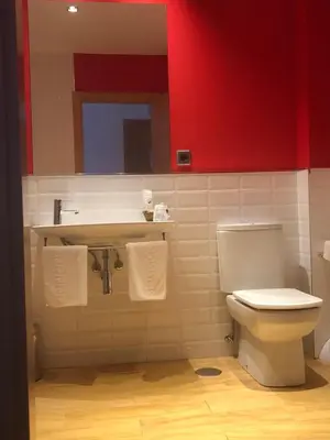 a bathroom with a white toilet and a red wall at NRuta Ponferrada in Bembibre