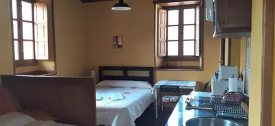a bedroom with two beds and a sink and two windows at OSO4 in Pola de Somiedo