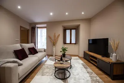 a living room with a couch and a flat screen tv at EREA apartamentos turísticos in Monforte de Lemos