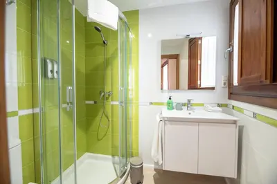 a bathroom with a glass shower and a sink at SACRA apartamentos turísticos in Monforte de Lemos