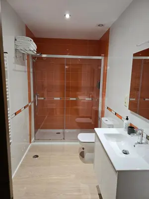 a bathroom with a shower and a toilet and a sink at SACRA apartamentos turísticos in Monforte de Lemos