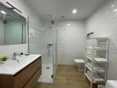 a bathroom with a shower and a sink and a toilet at Apartamentos Ares Rentals in Ares