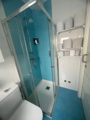 a bathroom with a shower and a toilet and towels at Apartamento Santiago in Santiago de Compostela