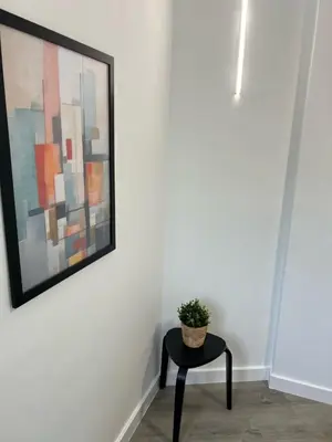 a potted plant sitting on a stool next to a painting at Piso Camino de Santiago in Sarria