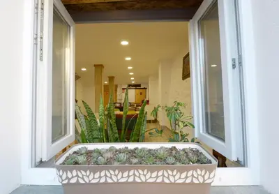 an open window with a planter on a balcony at Hostel El Campano in Villafranca del Bierzo