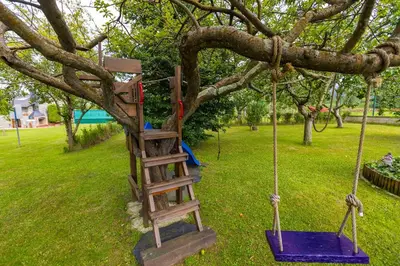 a wooden ladder hanging from a tree with a swing at Vivienda Vacacional Casa Fidel in Campas