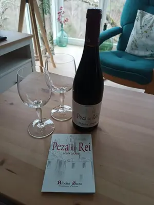 a bottle of wine and two glasses on a table at O Salgueiral in Castro Caldelas