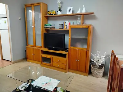 a living room with a tv and a wooden entertainment center at PONFETEMPLE in Ponferrada