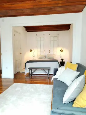 a living room with a bed and a couch at Steve Apartamento in Viveiro