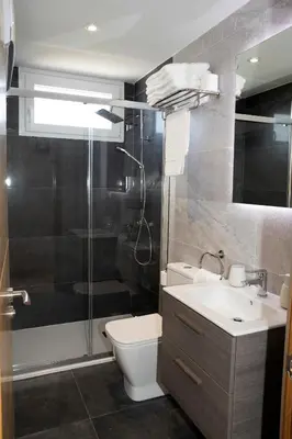 a bathroom with a shower and a toilet and a sink at Casa da Cocha in Chantada