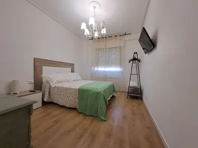 a bedroom with a bed with a green blanket at Piso en Ourense- Sempre Maruxiña in Ourense