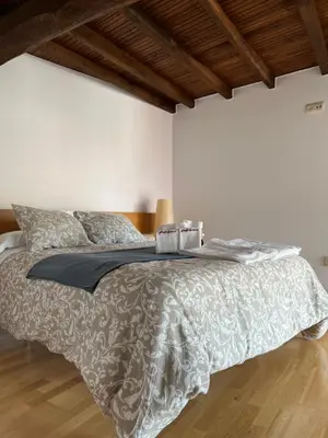 a bedroom with a bed with a white comforter at Pensión rural Pallabarro in Allariz