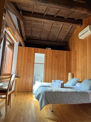 a bedroom with a bed and a wooden wall at Pensión rural Pallabarro in Allariz
