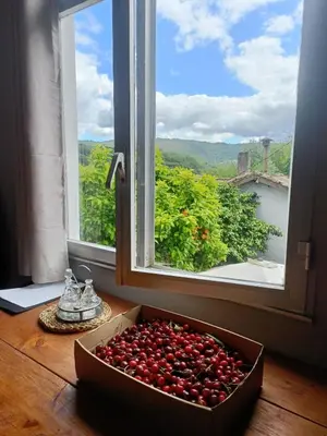 a box of cherries sitting on a table in front of a window at Casa de las Ascuas in Ourense