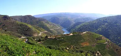an aerial view of a mountain valley with a river at La Casita in Nogueira de Ramuin