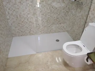 a bathroom with a white toilet and a shower at A Travesía Dos Soños, Pedreiras in Sarria