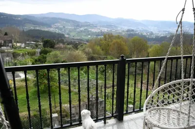 a white dog sitting on a porch with a swing at O Monteiriño in Arbo