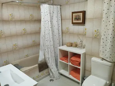 a bathroom with a shower curtain and a toilet and a tub at Los Hidalgos de Lemos in Monforte de Lemos