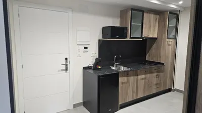 a small kitchen with a sink and a door at Apartamentos O Caneiro in Portomarin