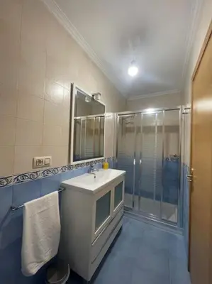a bathroom with a shower and a sink and a mirror at Apartamento con encanto en Cuntis in Cuntis