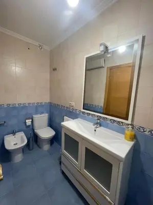 a bathroom with a sink and a toilet and a mirror at Apartamento con encanto en Cuntis in Cuntis