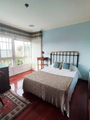 a bedroom with a large bed with blue walls at Casa Sanmartín in Maside