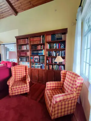 a living room with two chairs and a book shelf with books at Casa Sanmartín in Maside