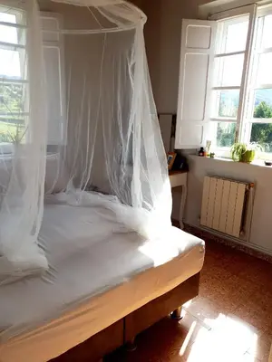 a bed with a canopy in a room with windows at Casa Natura Galicia in Santa María La Mayor del Rosario