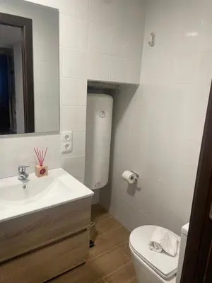 a bathroom with a sink and a toilet and a mirror at Arteleira2 Rooms in Padrón
