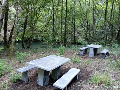 three picnic tables and benches in a forest at A casa dos carros - AS CASAS DO POZO - in Folgoso