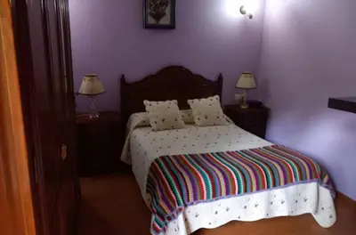 a bedroom with a bed with a colorful blanket and two lamps at Casa Rural La Fuente in Tejedo del Sil